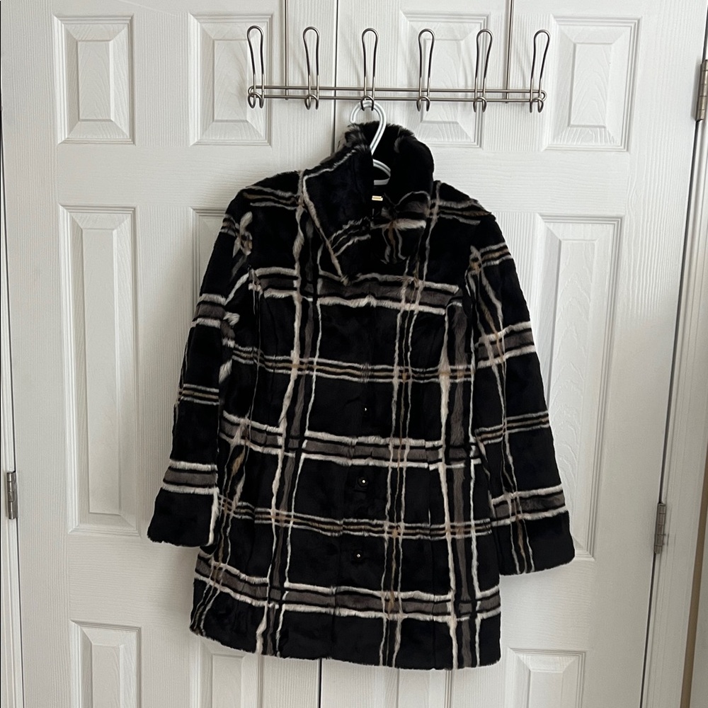 Isaac Mizrahi brown, black, and White Plaid fur coat